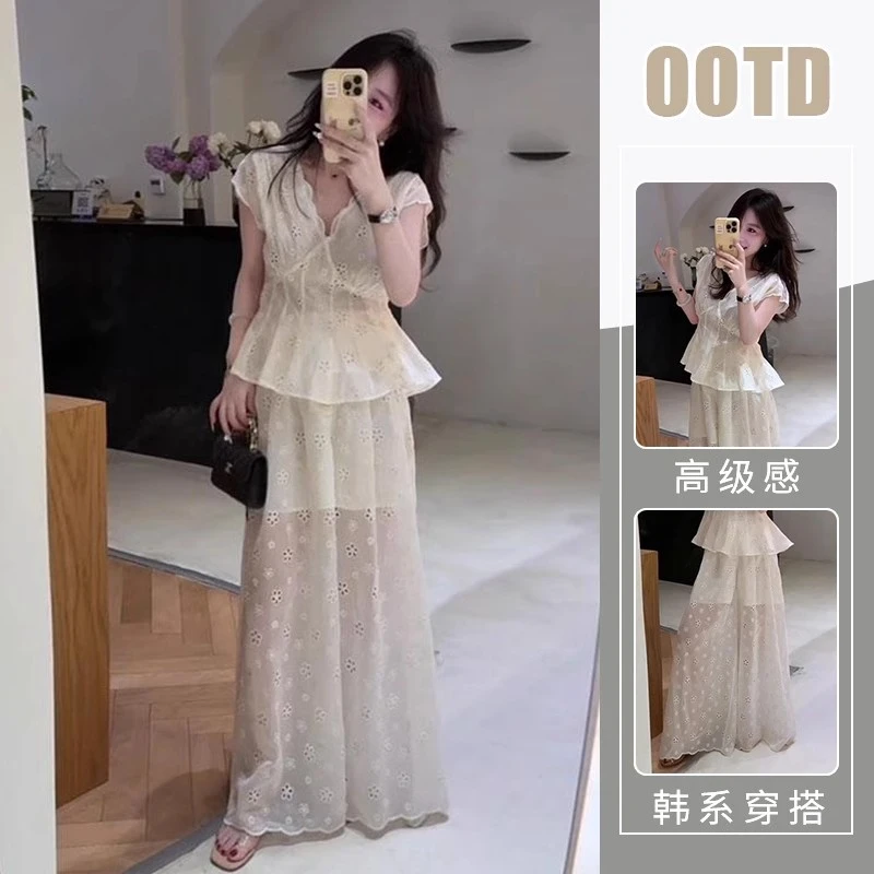 温柔风穿搭套装女时尚气质镂空刺绣蕾丝小衫上衣配阔腿裤子两件套