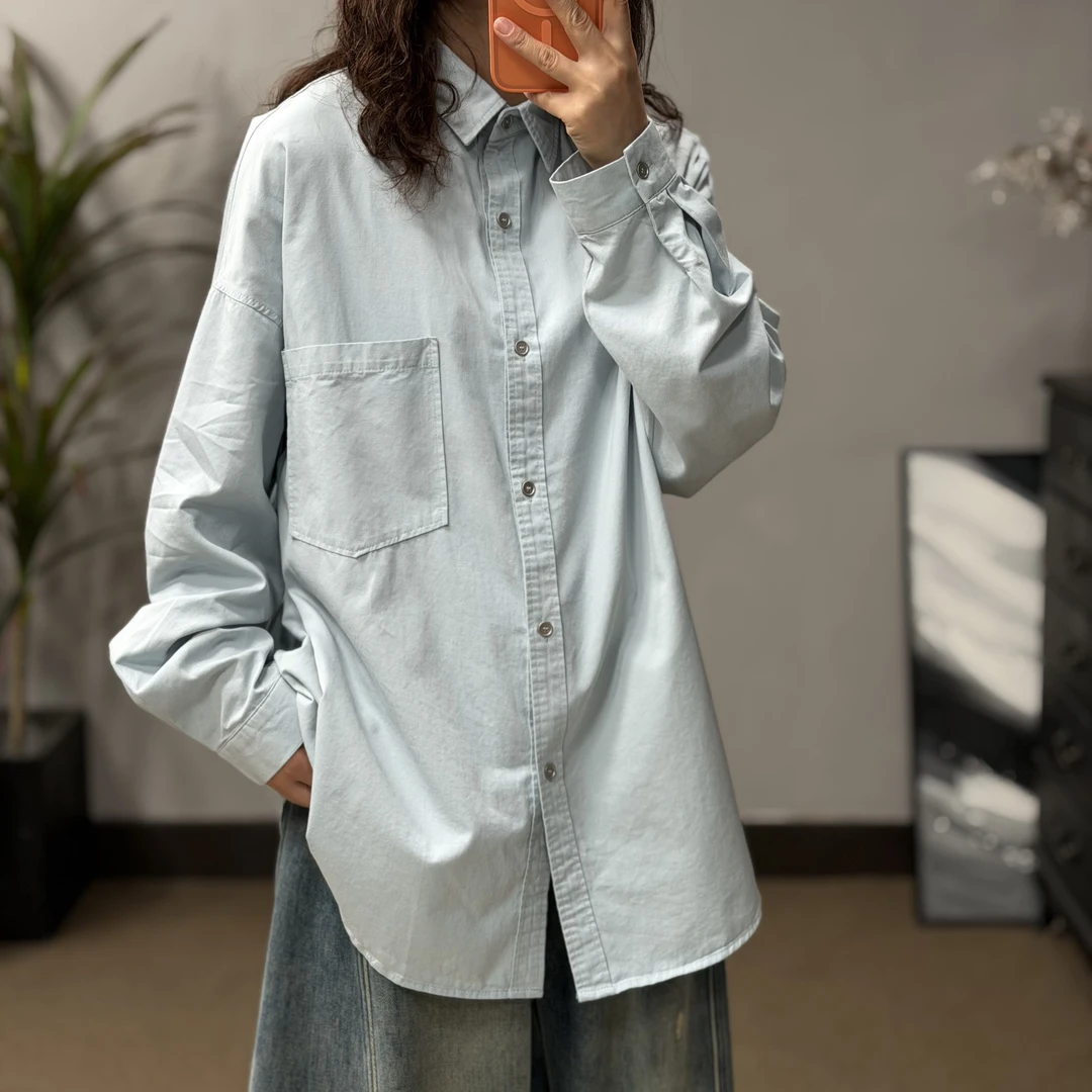 85353休闲百搭简约衬衫复古小众小众宽松纯色设计感长袖衬衣韩版.