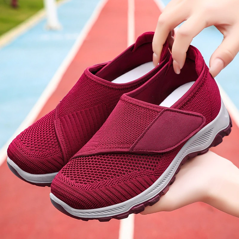 老人鞋健步鞋加宽中老年飞织网面魔术贴休闲鞋妈妈鞋平底防滑浅口