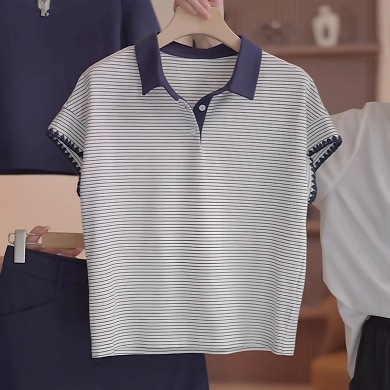 2025夏季新款翻领短袖T恤女时尚减龄高级感条纹polo衫休闲上衣