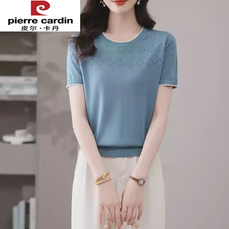 皮尔卡丹冰丝短袖女士年夏季新款莱赛尔纺丝显瘦宽松遮肉t恤镂空