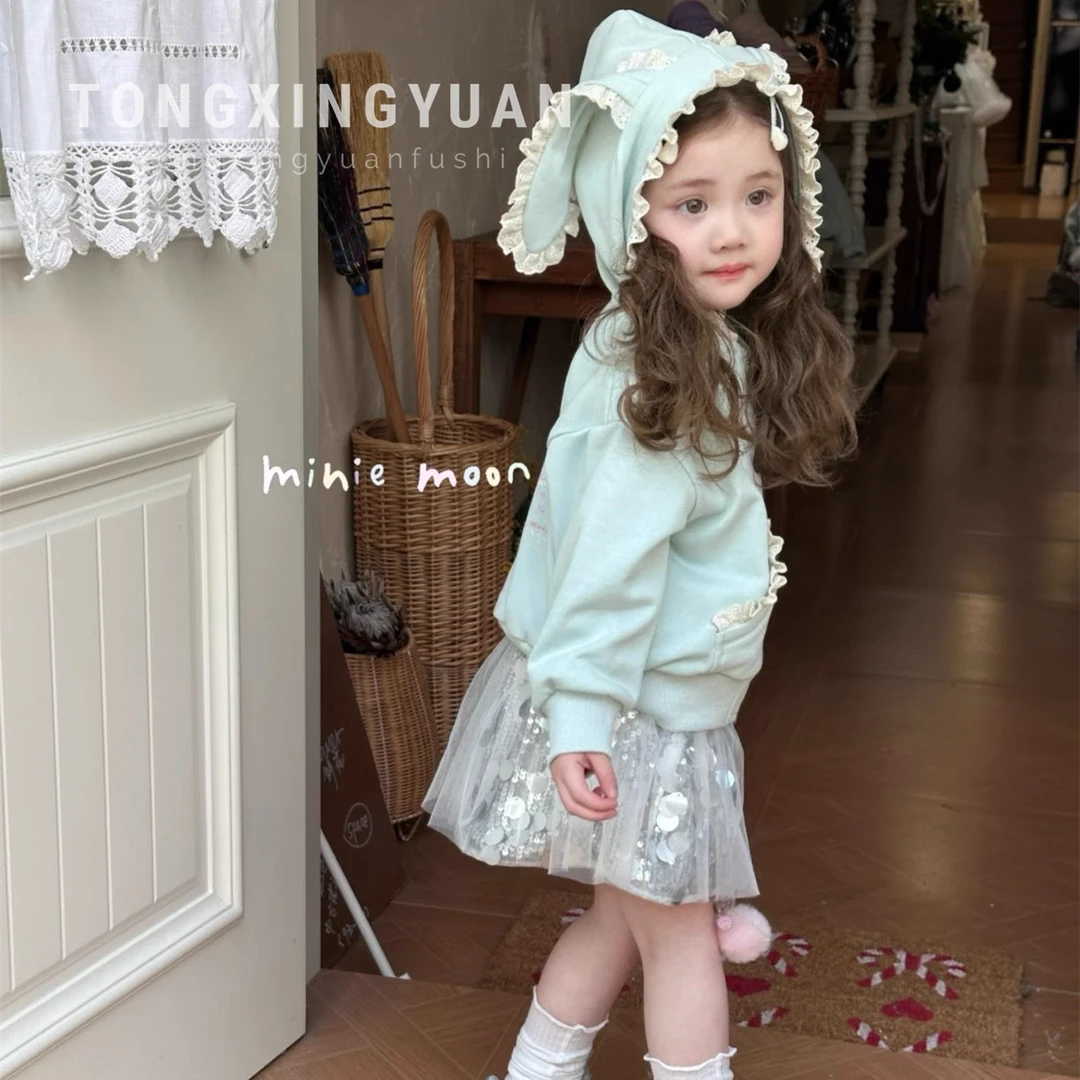 2025春季新款女童小童装韩版耳朵帽外套T恤衫亮片半裙洋气