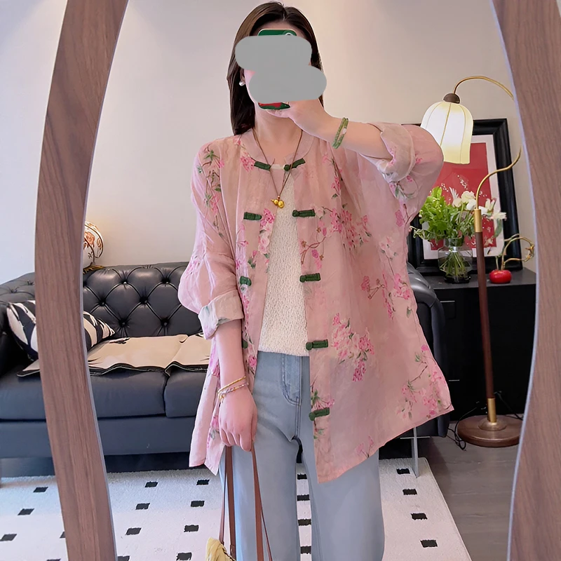 新中式复古盘口印花长袖衬衫女2025年夏季新款宽松洋气百搭上衣潮
