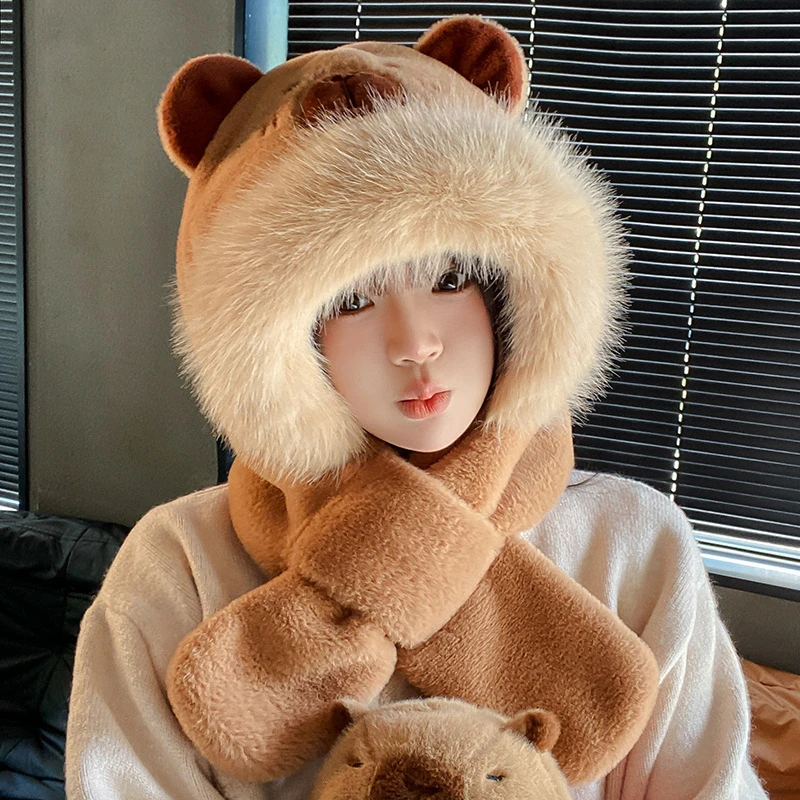 MEETSUNNY卡皮巴拉毛绒帽子围巾手套三合一加厚骑行保暖帽女防风