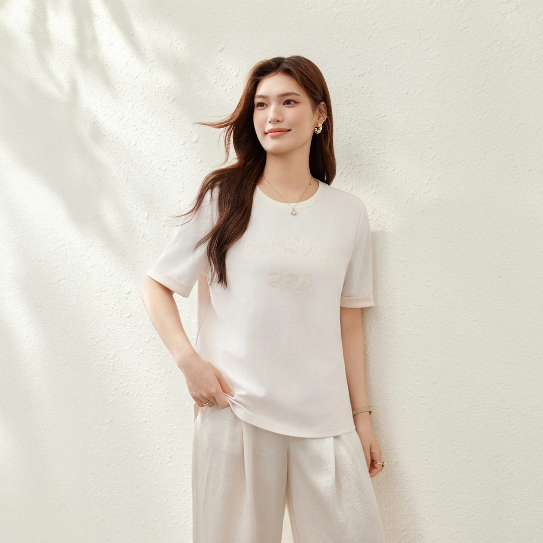 【潮流个性T恤】纤莉秀E大码女装珠片图案休闲气质百搭T恤QK2242