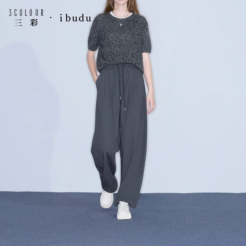 三彩ibudu2025秋季新款休闲裤松紧腰宽松阔腿裤长裤女