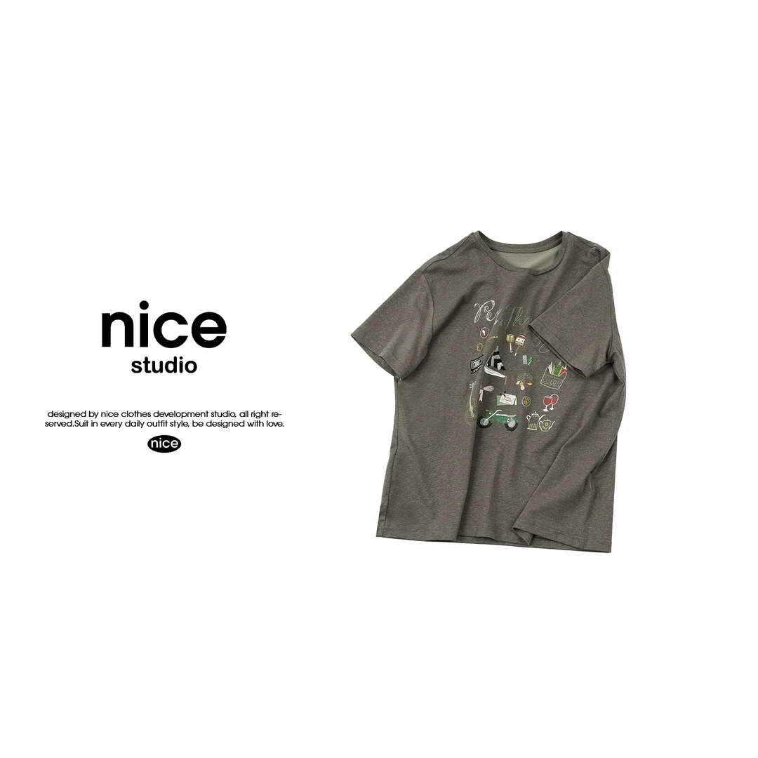 奈斯专属【卡通童趣百搭短袖】DT5ZB0499设计师夏季新款复古刺绣T恤