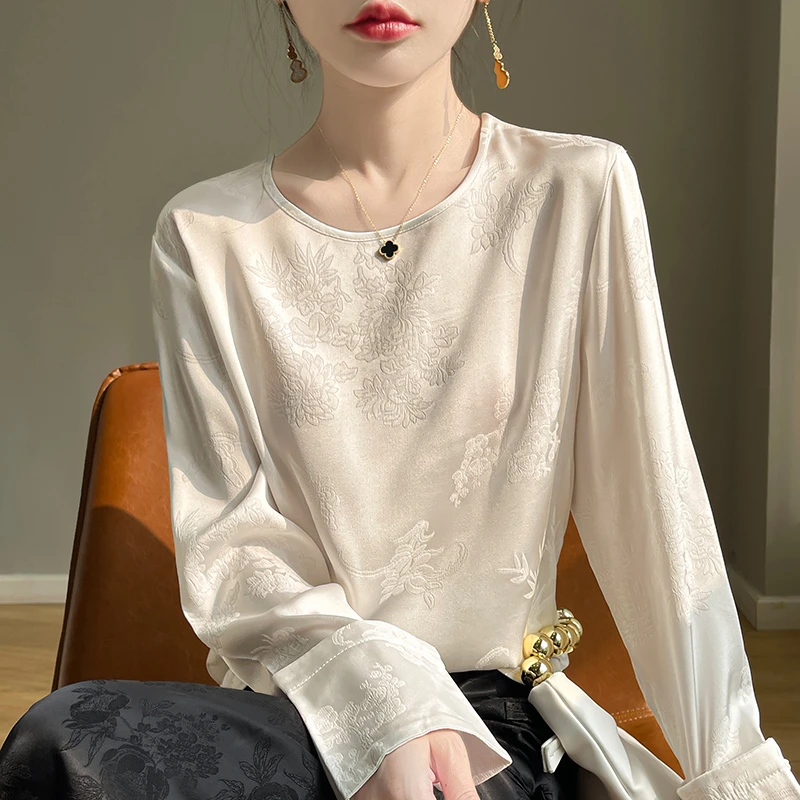 重工提花衬衫女款圆领气质显瘦国风刺绣衬衣高贵轻奢真丝长袖上衣