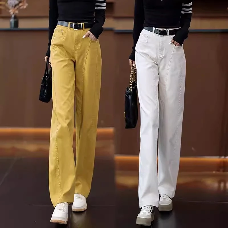 郑州女裤黄色弯刀牛仔裤春秋2025新款宽松直筒高腰显瘦窄版阔腿裤
