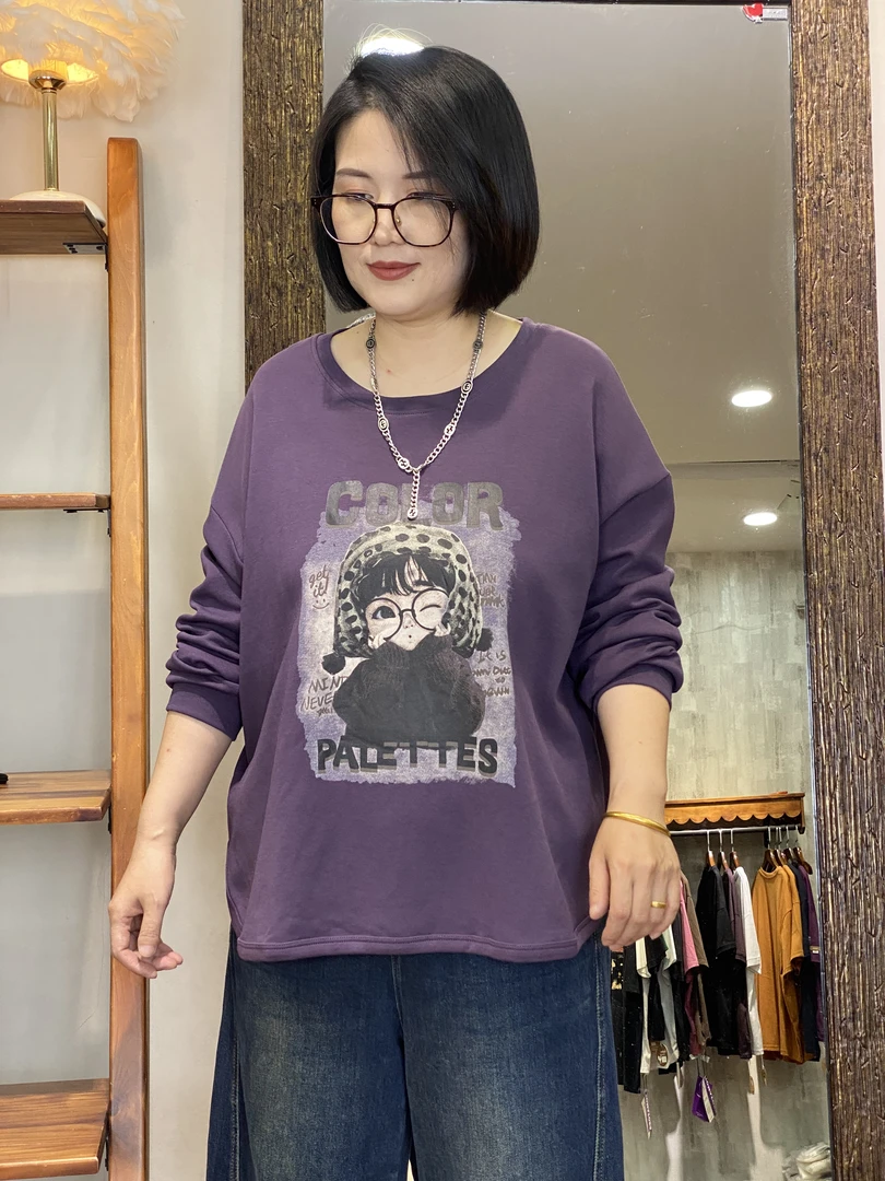 长袖卫衣-10722大码女装秋季棉质胖MM宽松圆领印花文艺休闲百搭