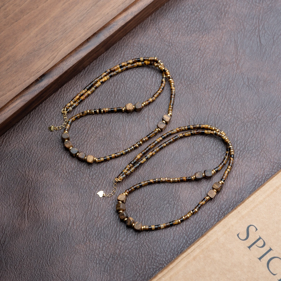 沉香莺歌绿奇楠5mm方糖珠天然虎眼石小众锁骨链（多样性发其一）