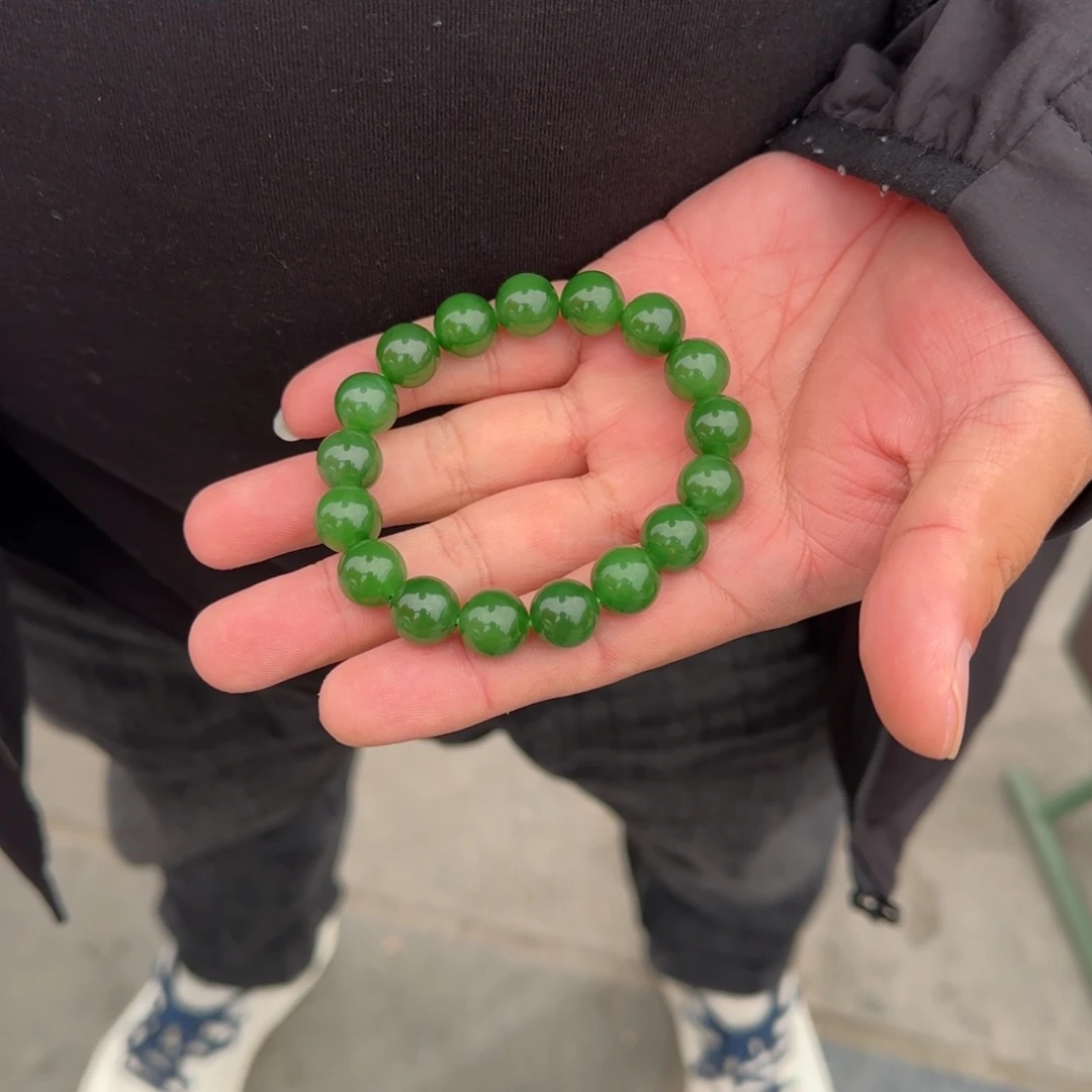 和田玉未镶嵌手链俄碧纯净版色标阳绿卡12