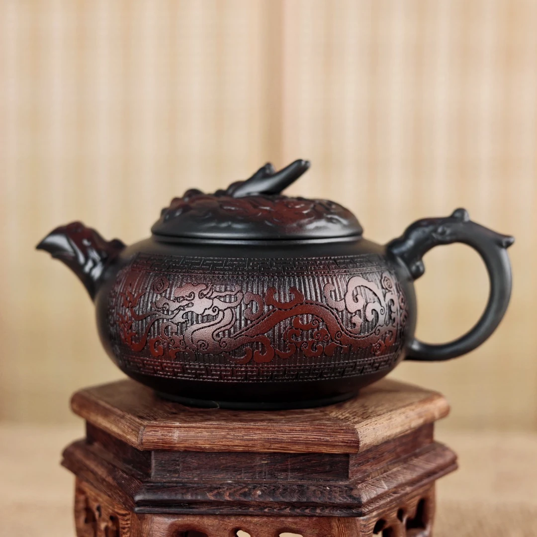 紫陶刻绘祥龙独占鳌头壶大容量茶壶（卢美对）DY50