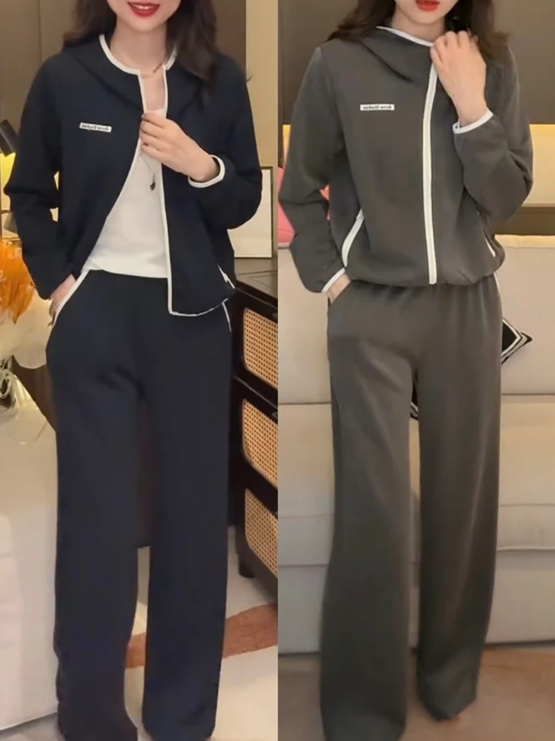 2025秋季新款时尚套装拼色连帽卫衣外套抽绳直筒卫裤显瘦两件套