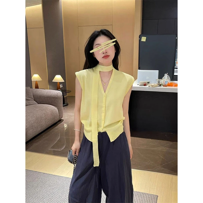 韩版蓝色飘带挂脖针织短袖t恤女夏独特洋气百搭飞飞袖开衫上衣薄