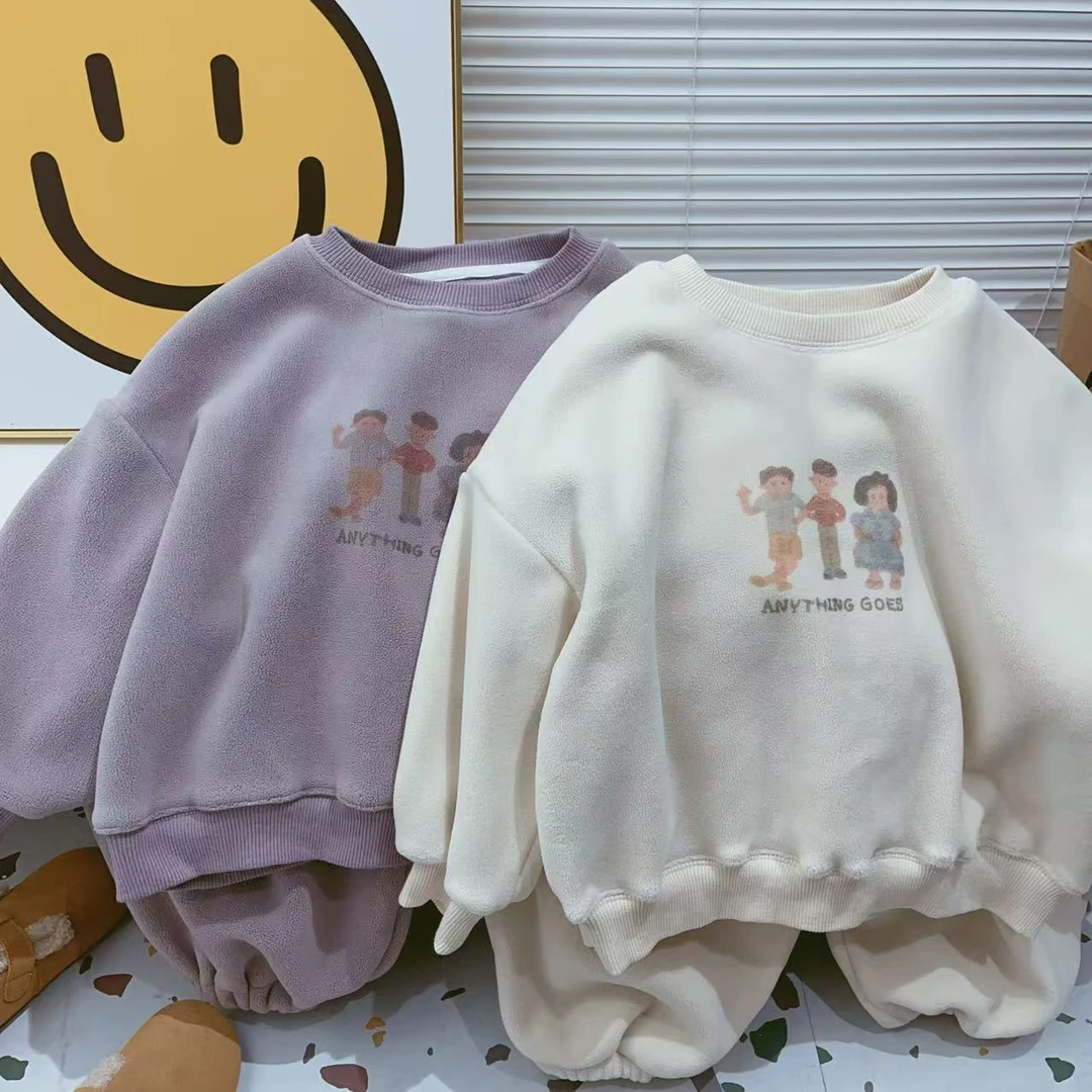 儿童加绒套装2024冬款韩版男女童加厚宝宝加绒卫衣小人印花两件套