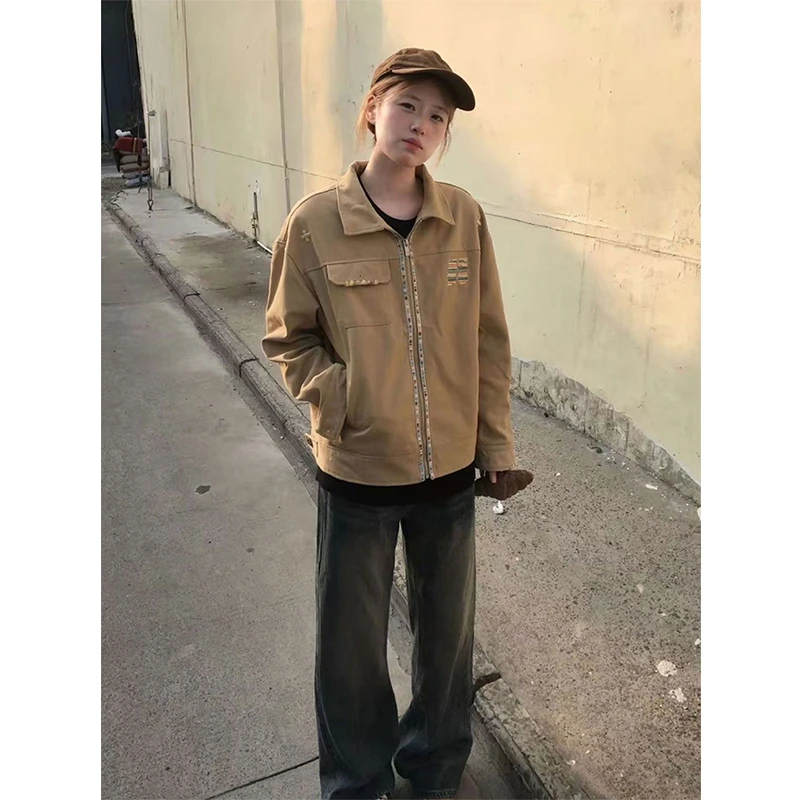 工装短款外套男款秋季cleanfit美式复古底特律夹克翻领刺绣棒球服