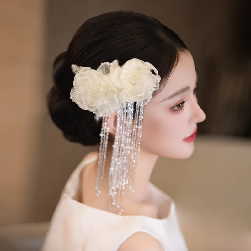 非金属布艺婚庆饰品 新款法式新娘复古手作娟纱花朵流苏发夹D0604