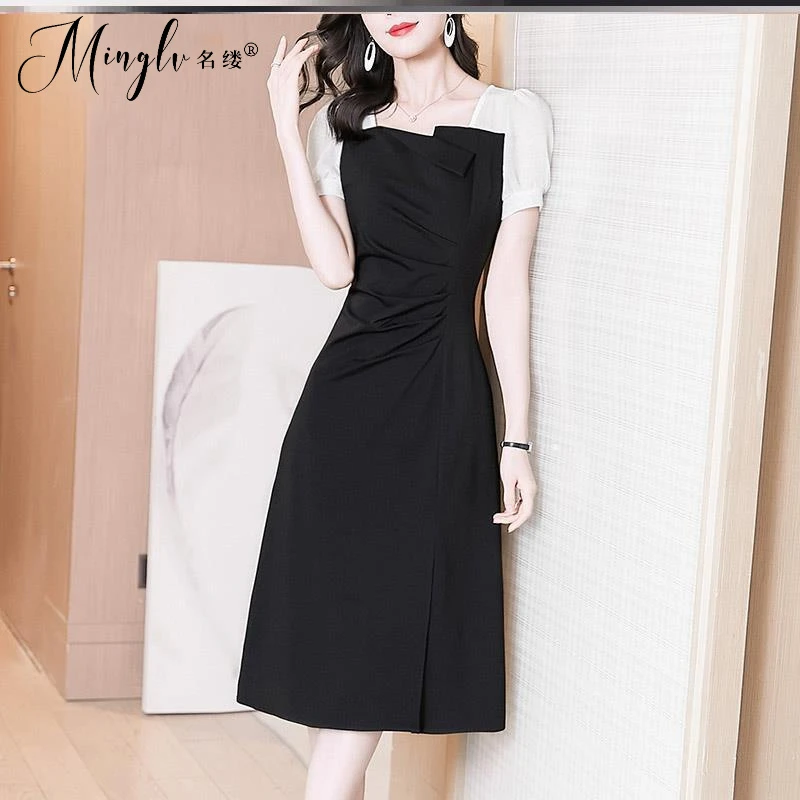 连衣裙长款夏季黑白撞色2025今年新款裙子气质夏天赫本风小黑裙子