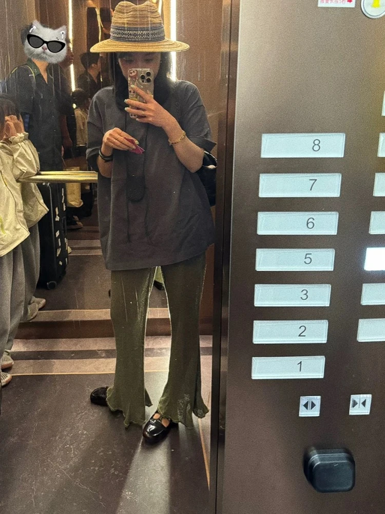 设计师亚麻混纺华夫肌理大弹力鱼尾裤脚显瘦喇叭裤