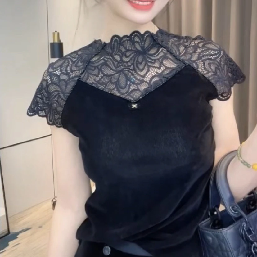 时尚半高领蕾丝拼接透气镂空短袖上衣显瘦百搭