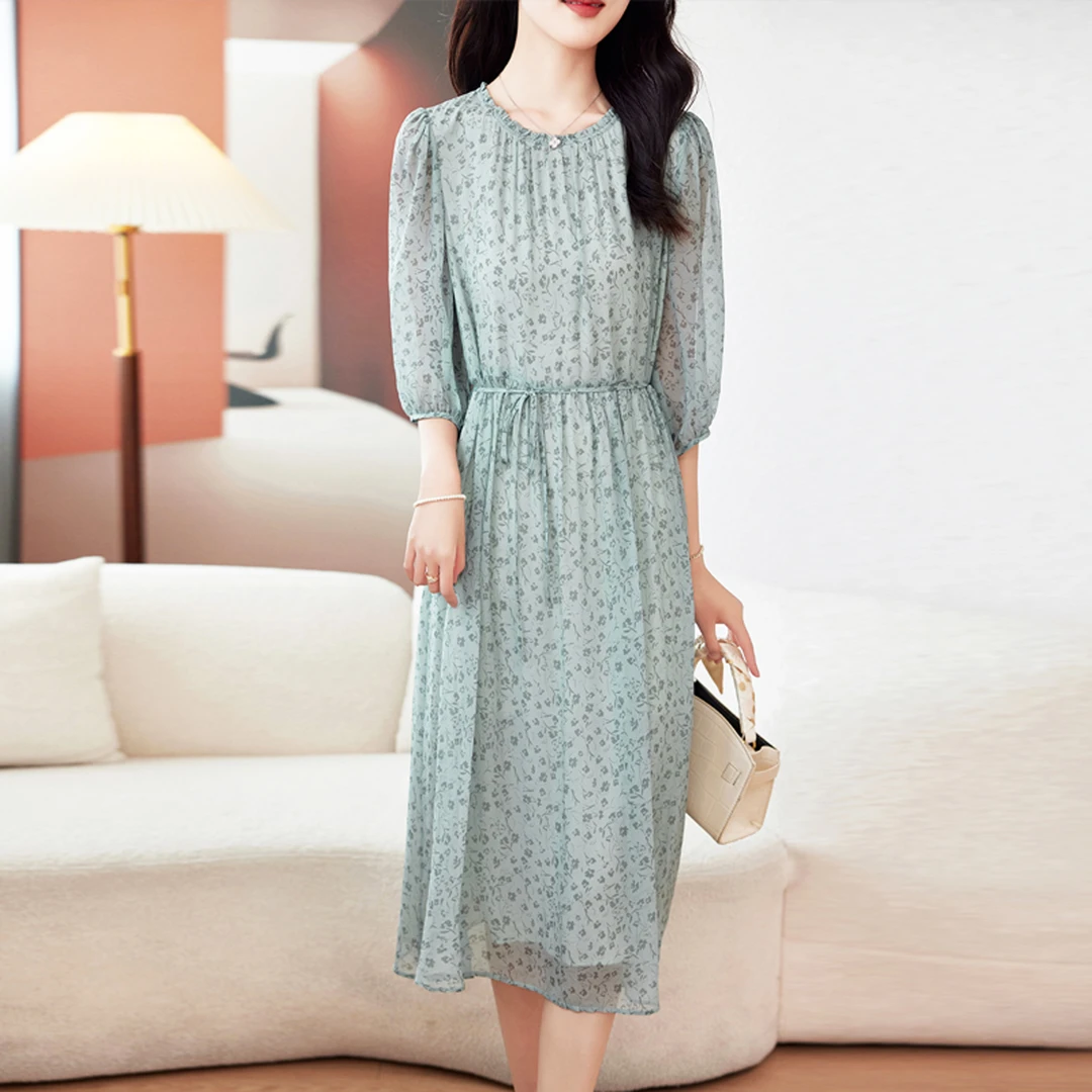 气质双绉真丝连衣裙女夏季2025新款高端100桑蚕丝遮肚子显瘦裙子