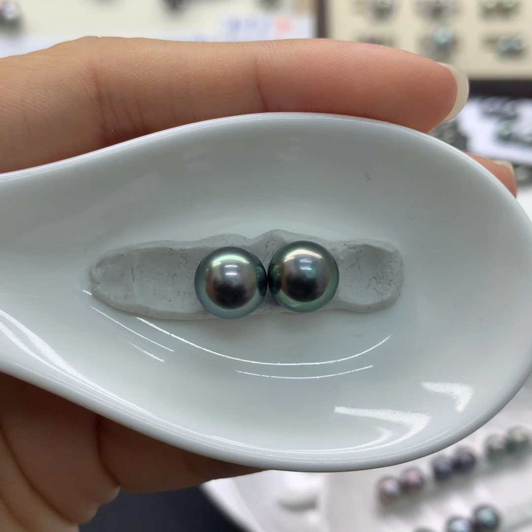 海水珍珠裸珠9-10mm孔雀绿炫对珠