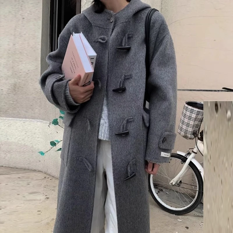 2307牛角扣双面羊毛大衣女学院风宽松连帽小个子羊毛呢外套