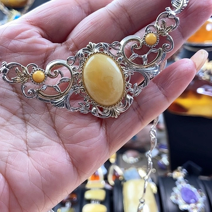 琥珀银S925镶嵌颈饰项链