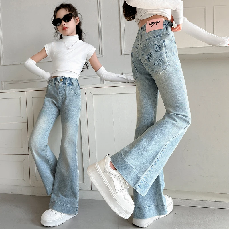 女童喇叭裤春秋弹力修身女大童牛仔裤韩版洋气微喇裤春装儿童裤子