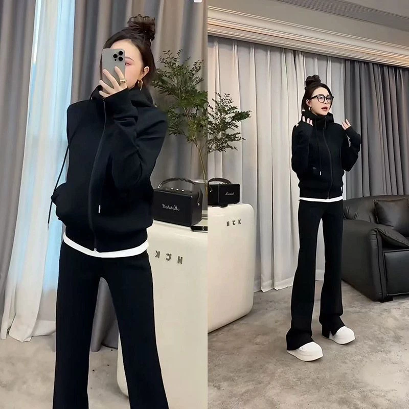 休闲运动服套装女2025春秋新款韩版时尚显瘦连帽卫衣阔腿裤两件套