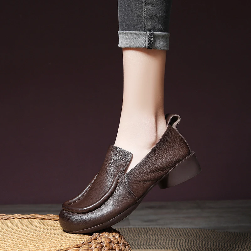 50628春新款头层牛皮女鞋复古文艺圆头单鞋女真皮厚底粗跟懒人鞋