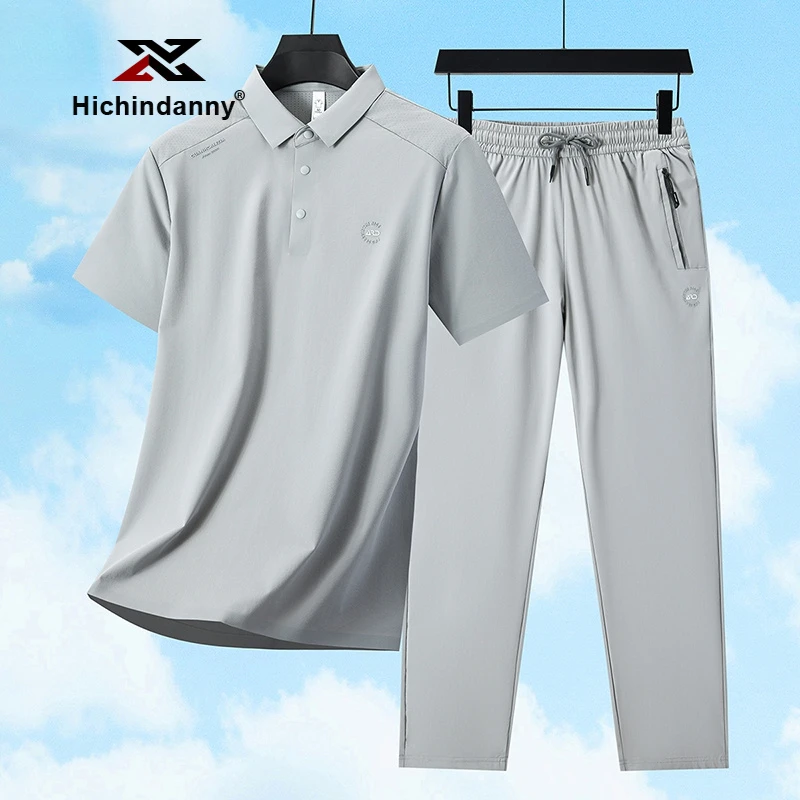 休闲速干运动套装男夏季宽松翻领短袖polo衫长裤两件套休闲男装