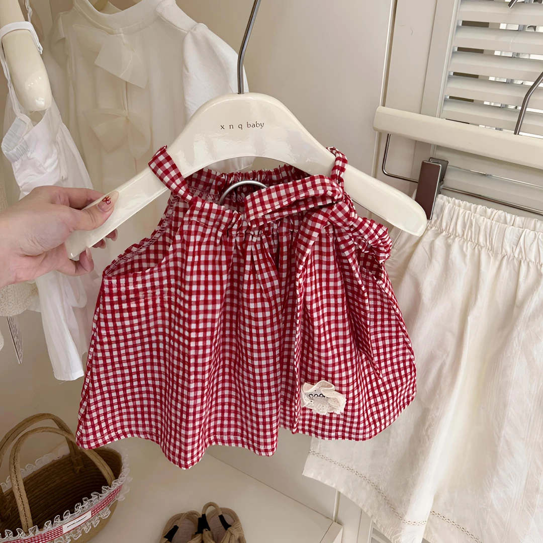 女童套装夏季新款洋气韩版时髦小童纯棉格子吊带娃娃衫棉布阔腿裤