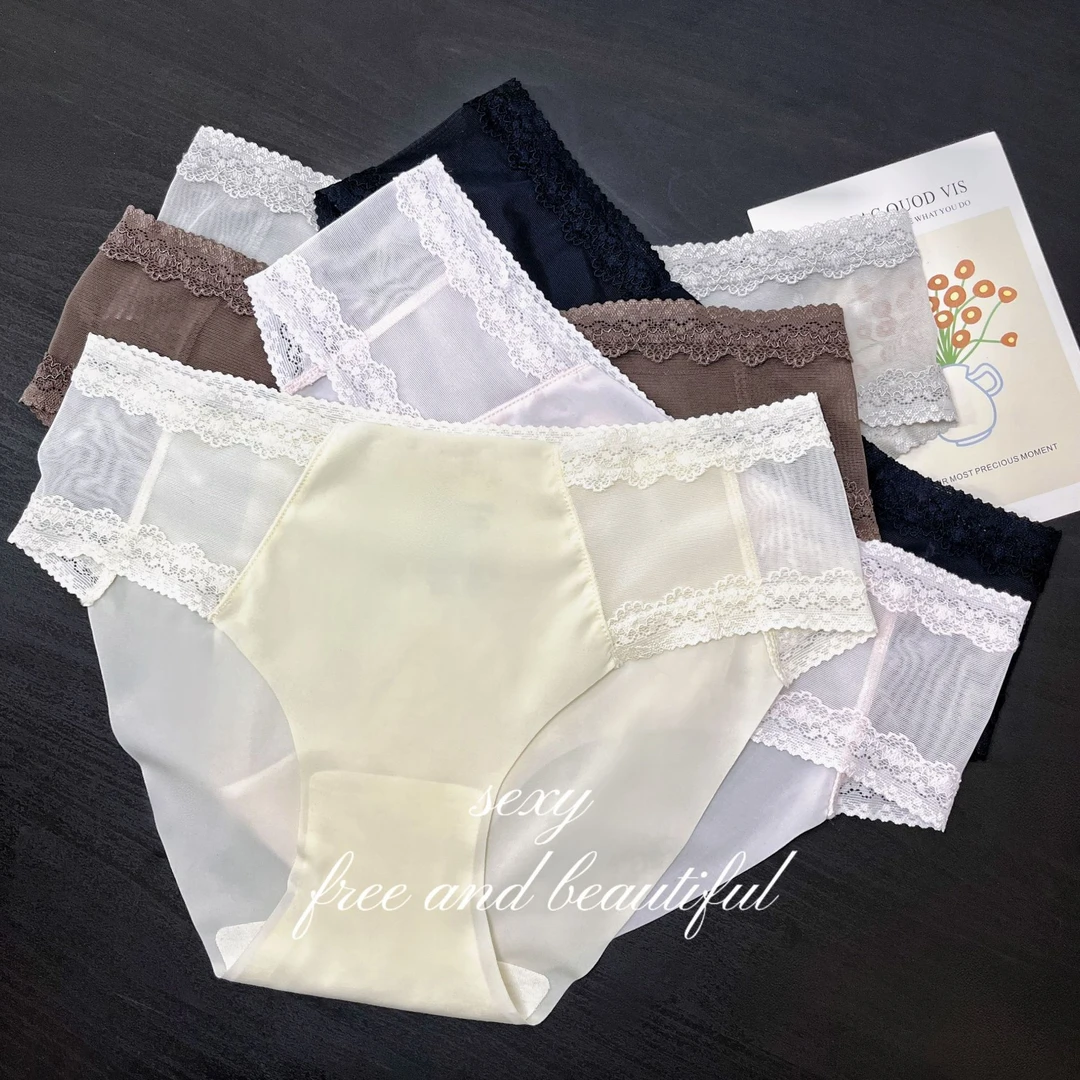 【裸感奶皮网纱内裤】蕾丝蝴蝶结镂空花边甜美纯欲简约女三角裤-787