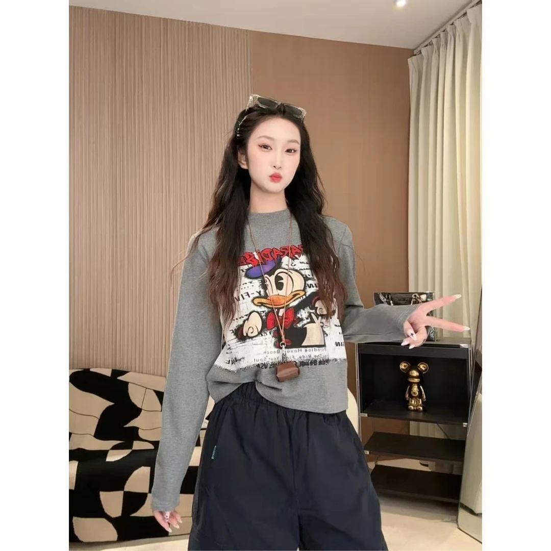 宽松型长袖常规款休闲风常规T恤设计感韩版圆领印花1015【DR】