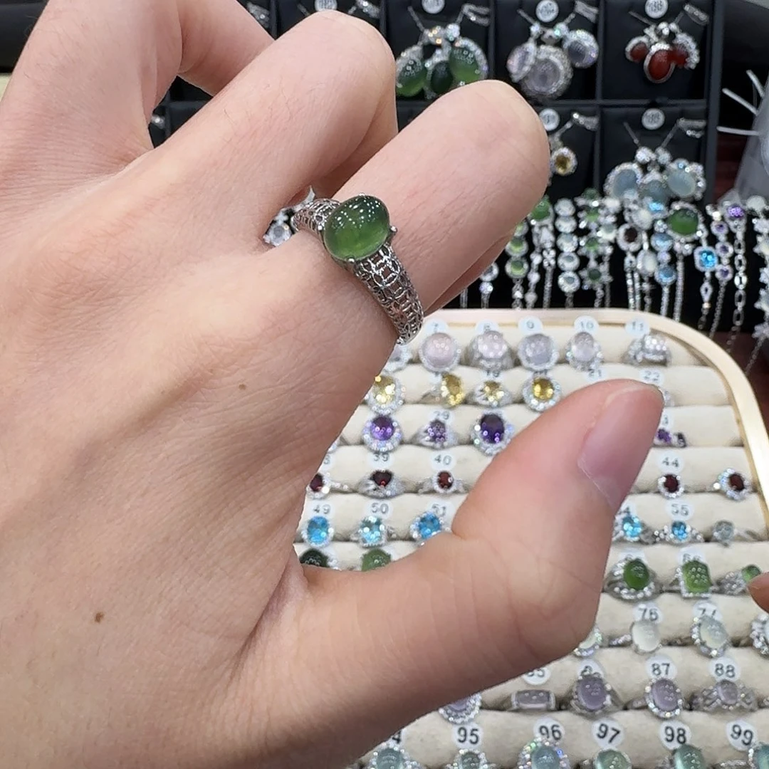 蛇纹石玉银S925镶嵌戒指戒指