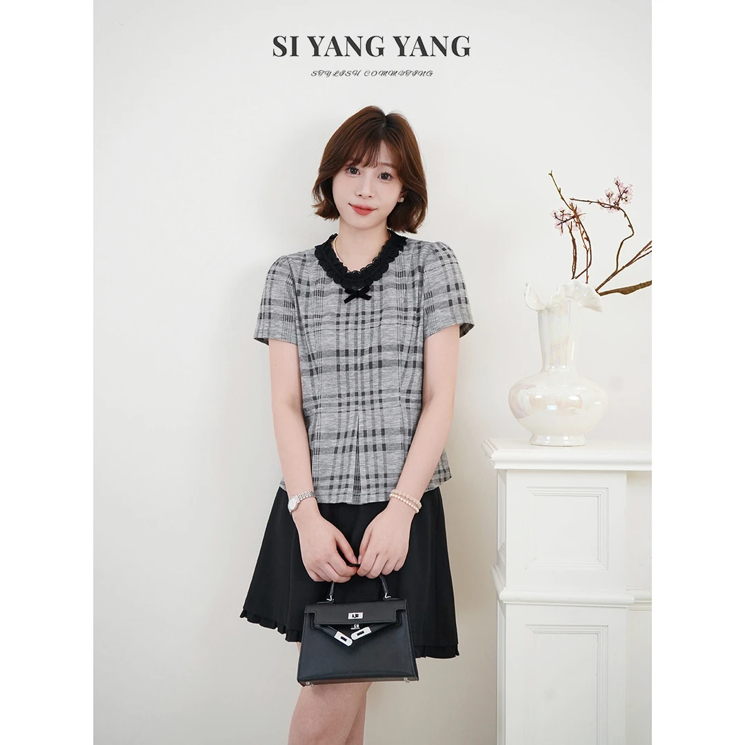 斯洋洋SIYANG格纹混纺亲肤舒适透气通勤减龄精致T恤SY507A027SYY