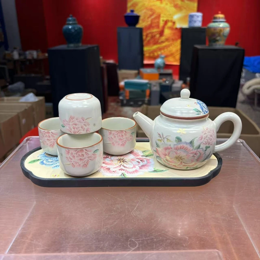 秋香茶具 刺绣牡丹德钟壶一壶四杯+盘（无礼盒）小套装-3105