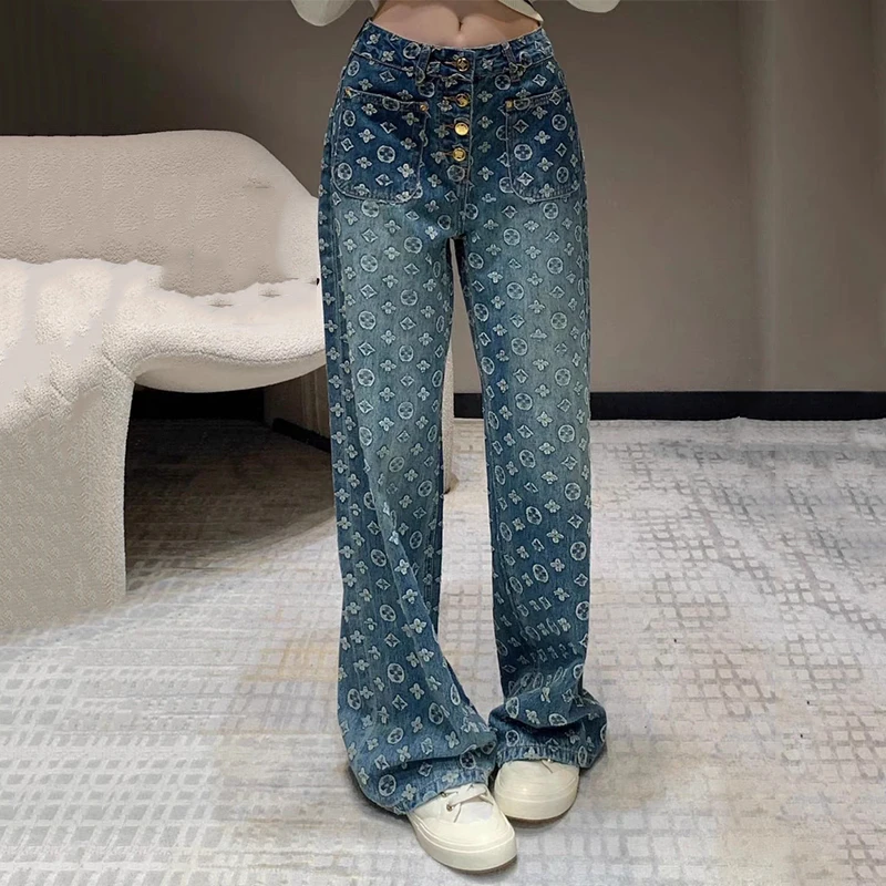 轻奢欧货提花阔腿长裤子女高腰显瘦时尚气质百搭直筒牛仔裤ck7801