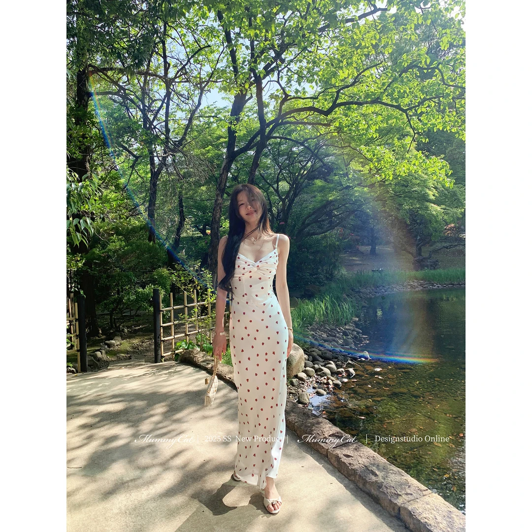 Mummy Cat下蛋喵 【小野玫瑰】缎面玫瑰印花鱼骨礼服吊带鱼尾长裙