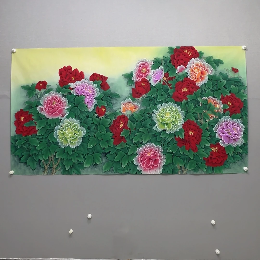 国画横幅六尺工笔牡丹贾敏