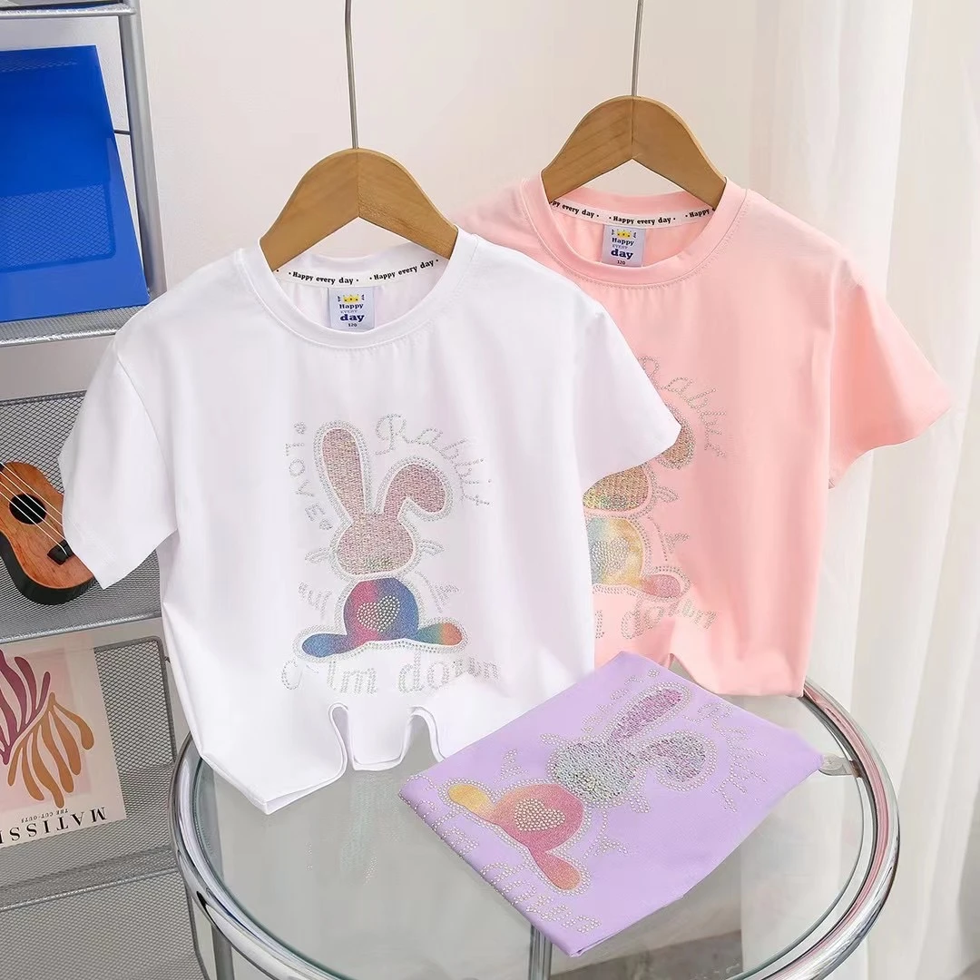 2025夏季新款镶钻兔子儿童短袖舒适女童休闲卡通亮钻短袖