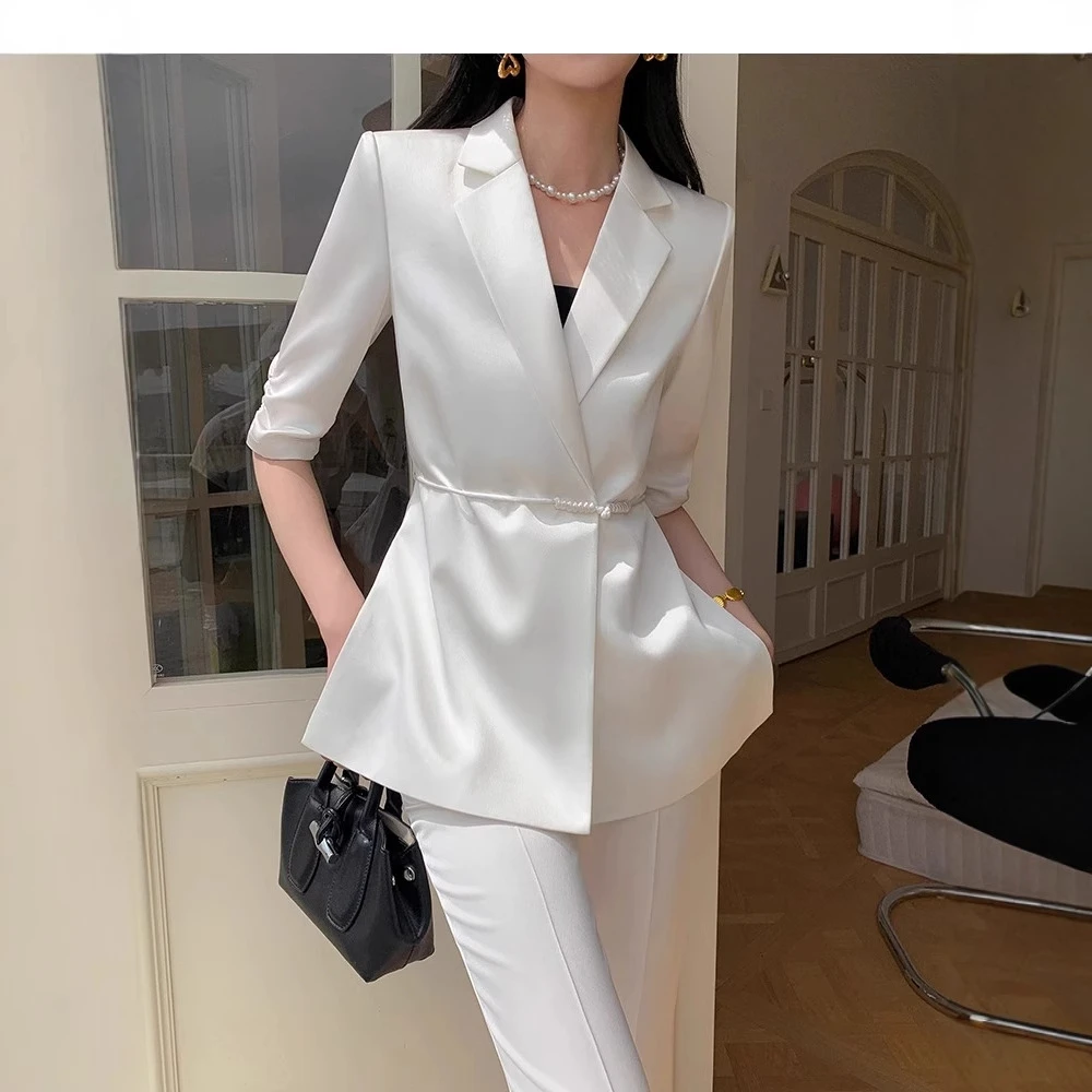新中式白色西装套装女夏季薄款2024新款高级感职业国风西服两件套