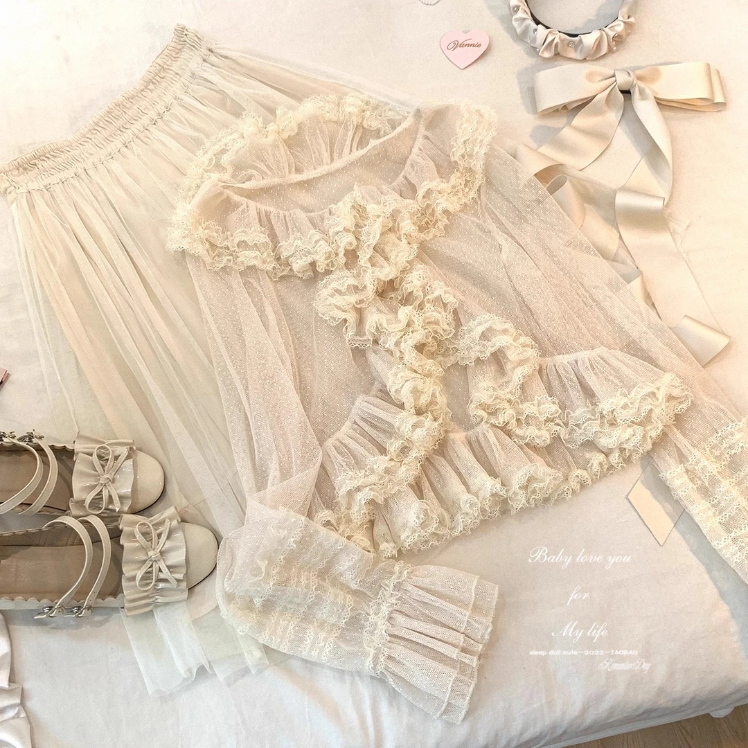 sleepingdoll自制*少女的层叠浪漫 点纱花边蕾丝夏日开衫