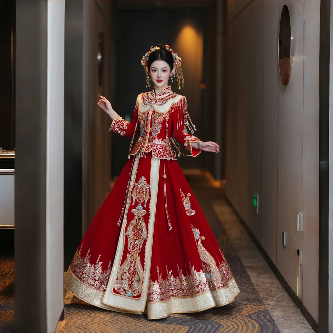 女士秀禾服长袖时尚七分袖大码2025新款重工新娘结婚敬酒服嫁衣