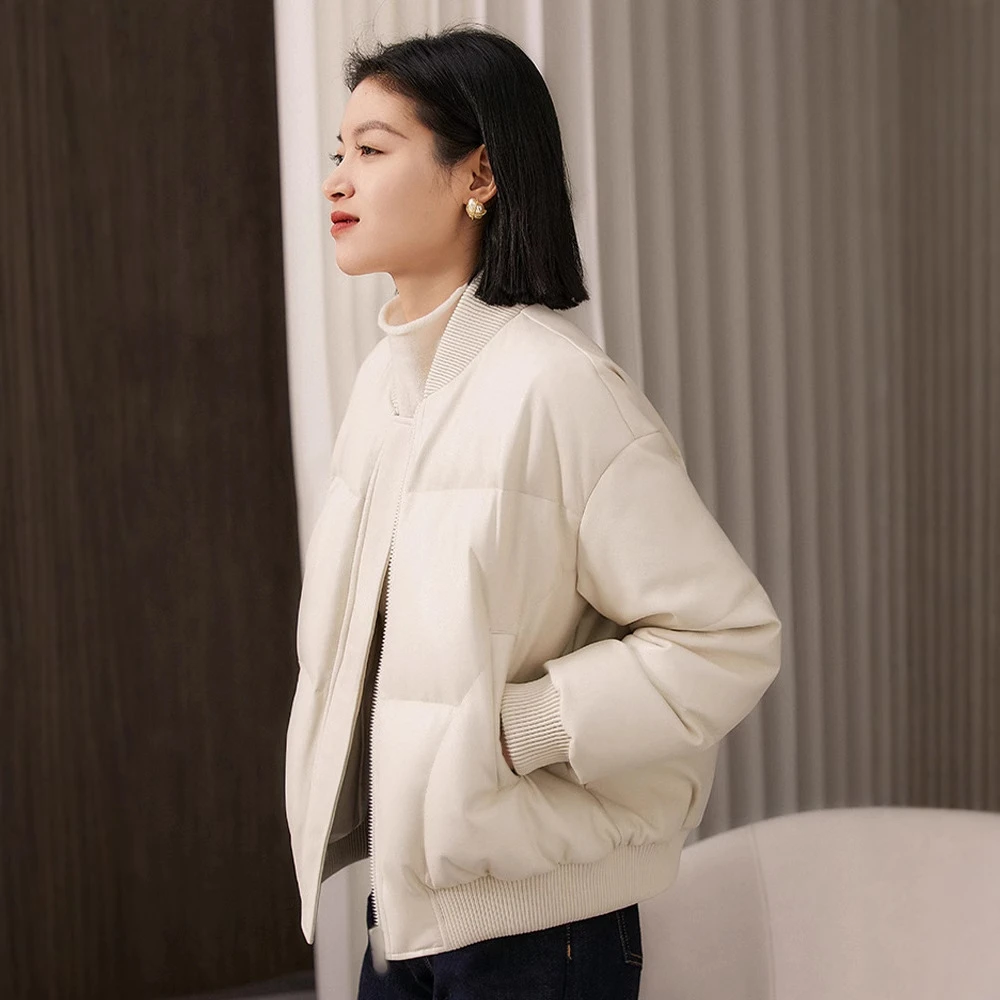 海宁百搭休闲真皮皮衣羽绒服女冬季新款棒球领保暖加厚绵羊皮外套