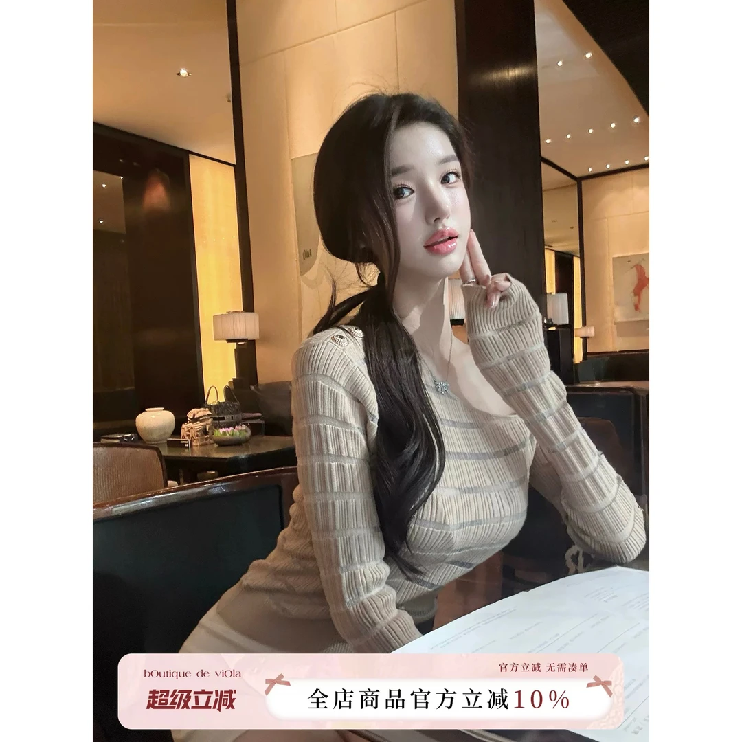 viola茶艺小巴茶系显胸打底 纯欲纱纱拼接针织斜肩上衣打底