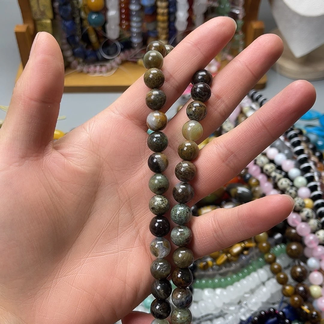 玛瑙/玉髓未镶嵌珠宝半成品卡10蛇皮石圆珠一条