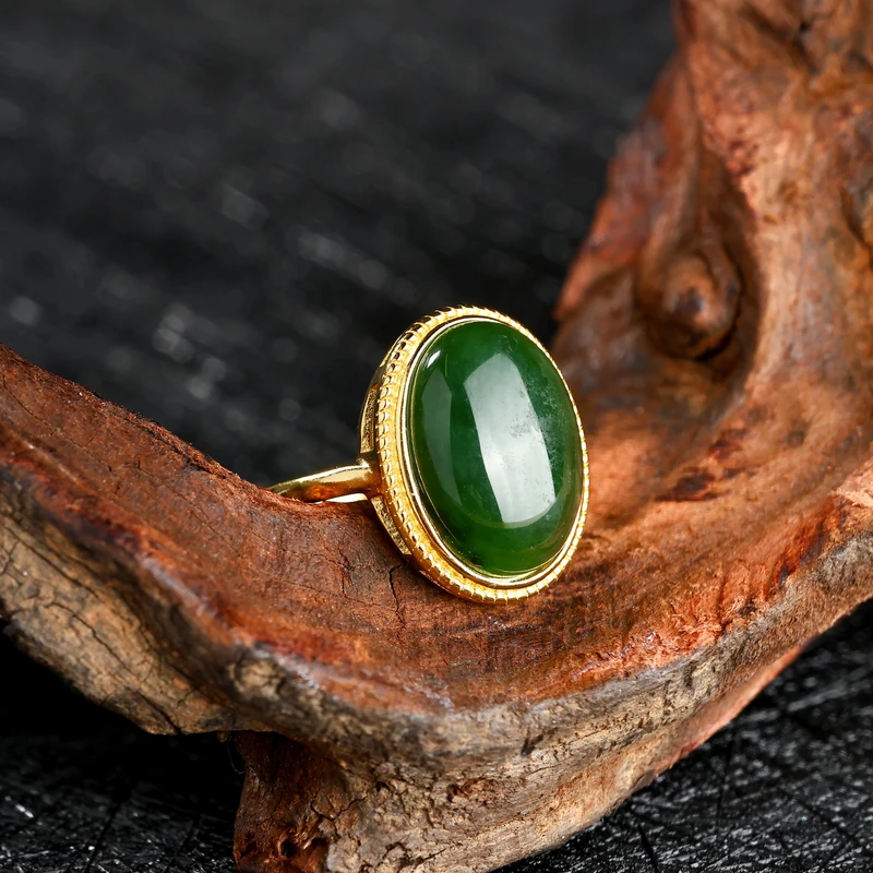 新品KJ-A1J536和田玉碧玉戒指S925银可调节活口戒指约10*14mm精美